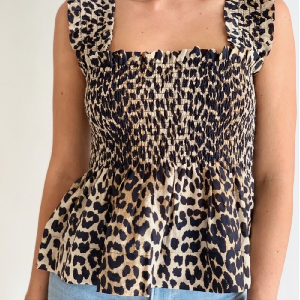 GANNI Smocked Cotton Silk Peplum Tank Top Cheetah Print